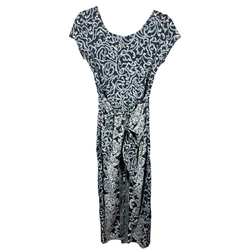 All‎ That Jazz Vintage 90s Scrollwork Damask Drape Front Maxi Dress Blue Tan Sm